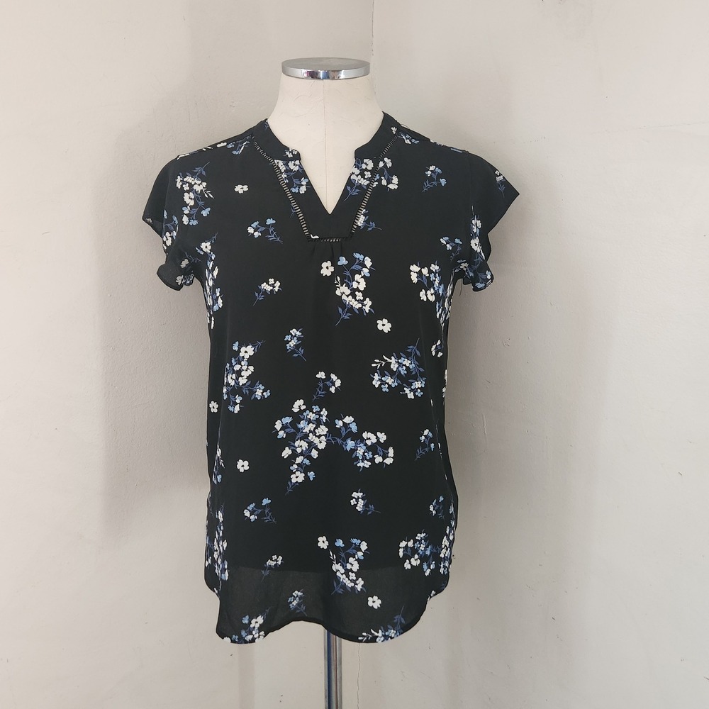 41 Hawthorne Black Floral Short Sleeve V Neck Top Blouse‎ Women's XS